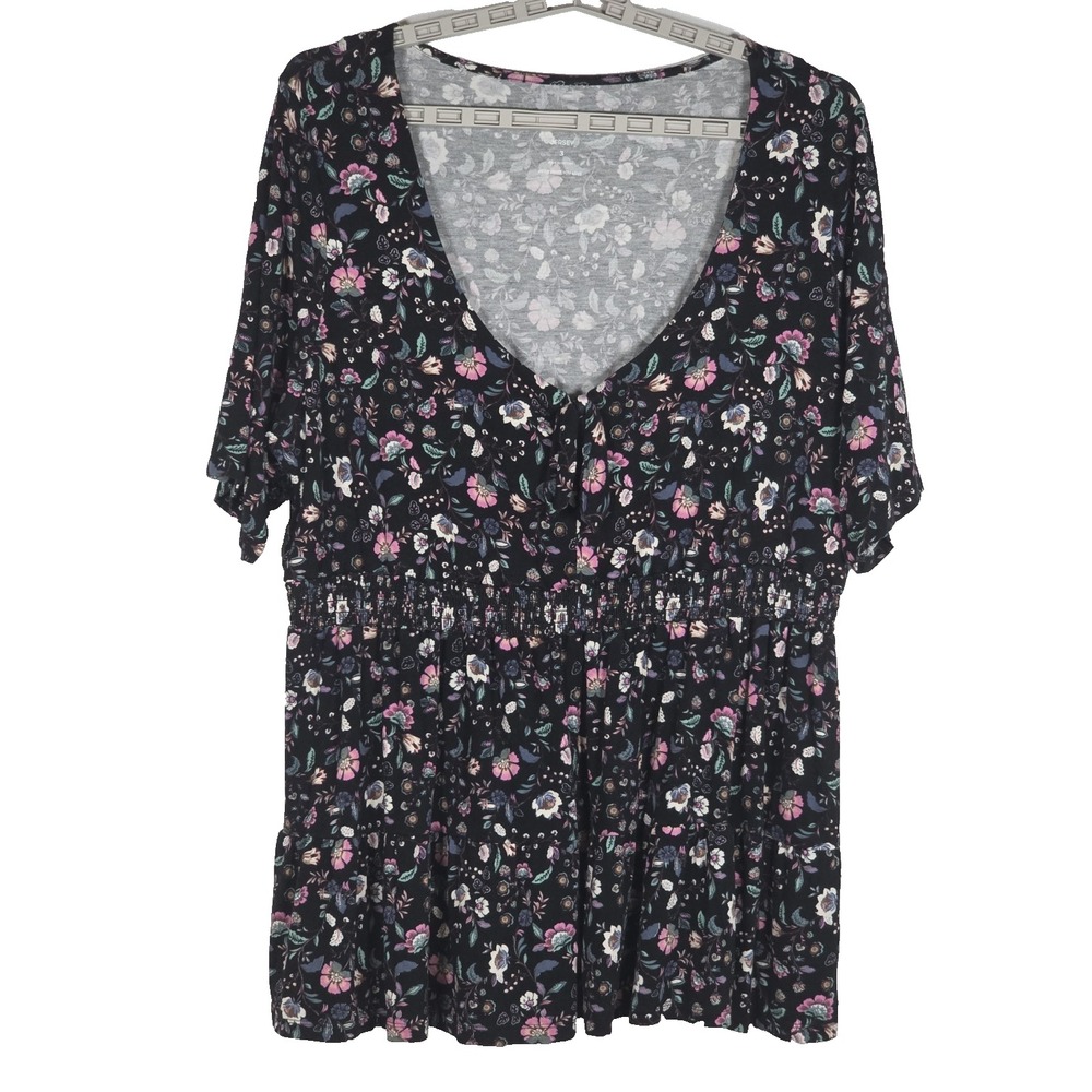 Torrid Womens Plus 3 3X Super Soft Jersey Top Black Floral Short Sleeve Blouse